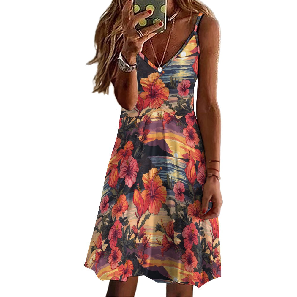 Hawaiian Hibiscus & Sunset Long Suspender Dress - Sunshine on the Seas