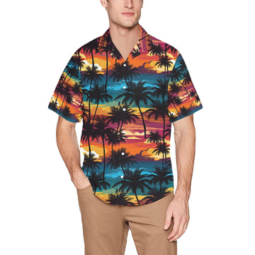 Rainbow Sunset Palm Trees Men's Hawaiian Shirt With Chest Pocket - Sunshine on the Seas