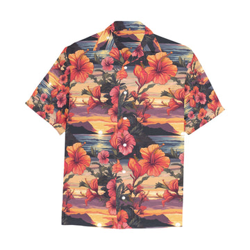 Sunset Hibiscus Men's Hawaiian Shirt With Chest Pocket - Sunshine on the Seas