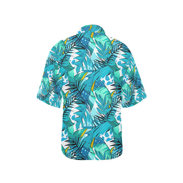 Teal Tropical Leaves Hawaiian Shirt for Women