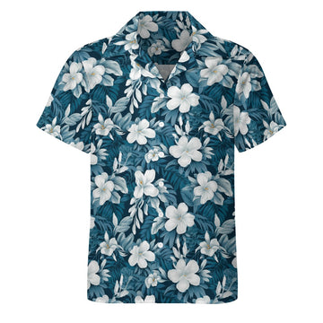 Blue/Green & White Hibiscus Hawaiian Shirt for Men