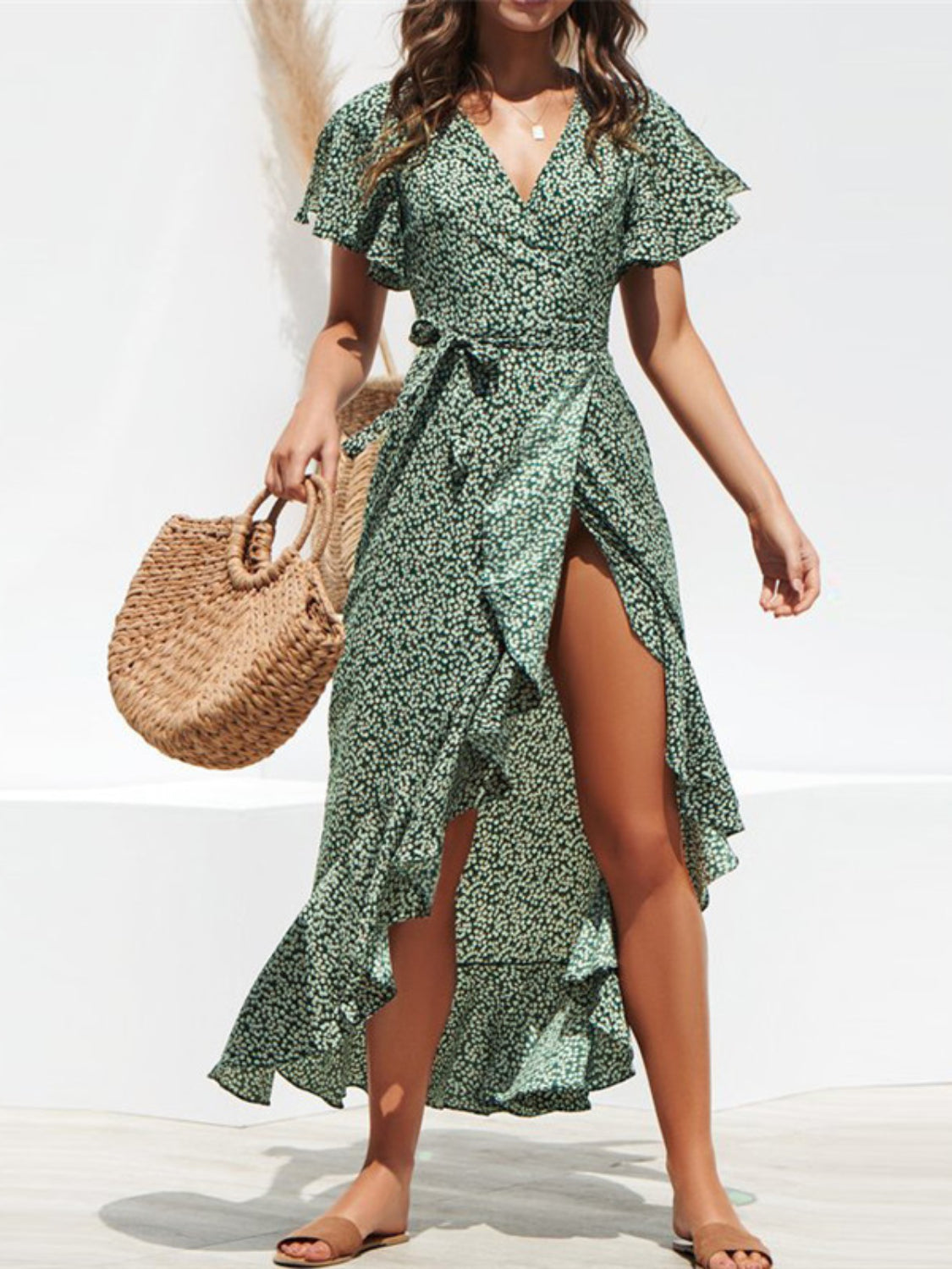 Tied Ruffled Printed Short Sleeve Midi Wrap Dress