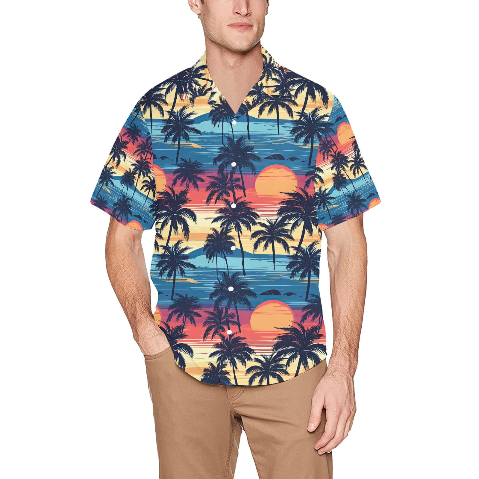 Palm Tree Sunset Men's Hawaiian Shirt With Chest Pocket - Sunshine on the Seas