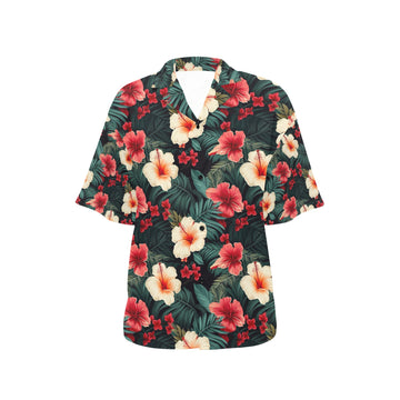 Red & White Hibiscus Hawaiian Shirt for Women