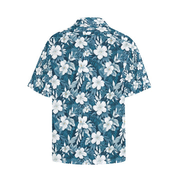 Blue & White Hibiscus Men's Hawaiian Shirt With Chest Pocket - Sunshine on the Seas