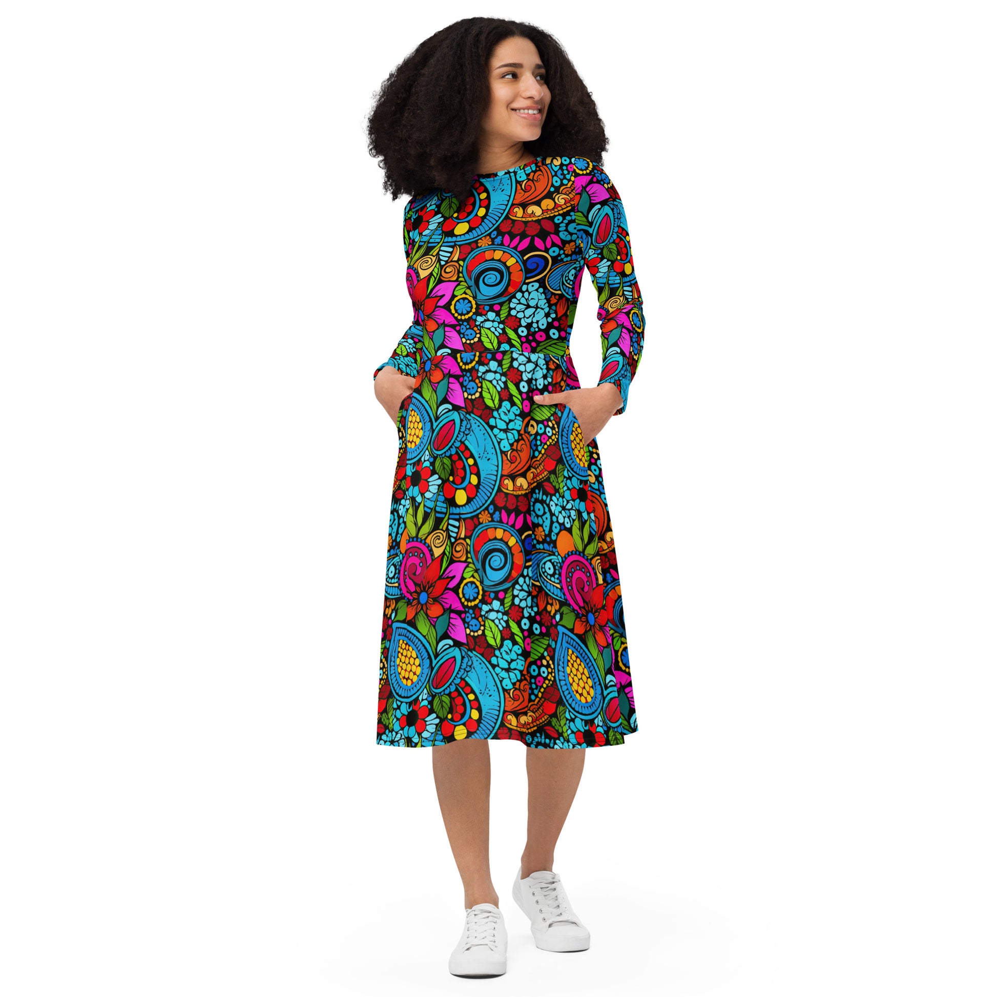 Paisley Long Sleeve Midi Dress w/ Pockets - Sunshine on the Seas