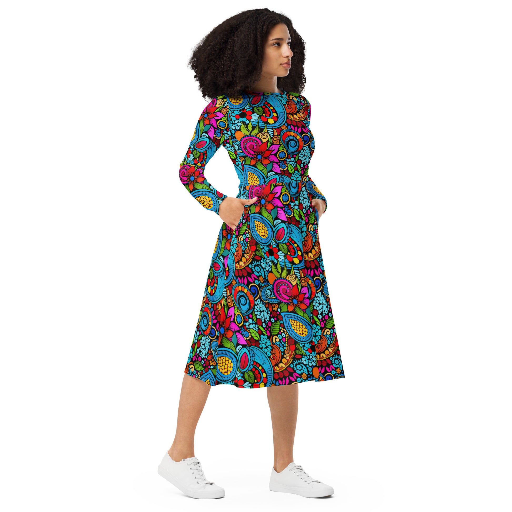 Paisley Long Sleeve Midi Dress w/ Pockets - Sunshine on the Seas
