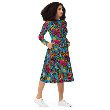 Paisley Long Sleeve Midi Dress w/ Pockets - Sunshine on the Seas