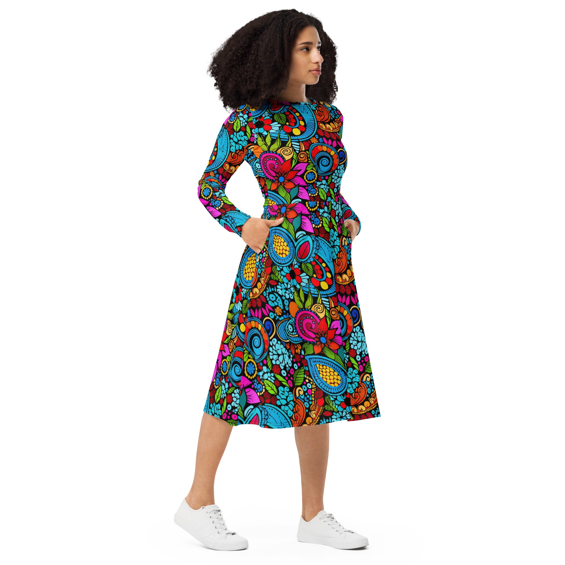 Paisley Long Sleeve Midi Dress w/ Pockets - Sunshine on the Seas