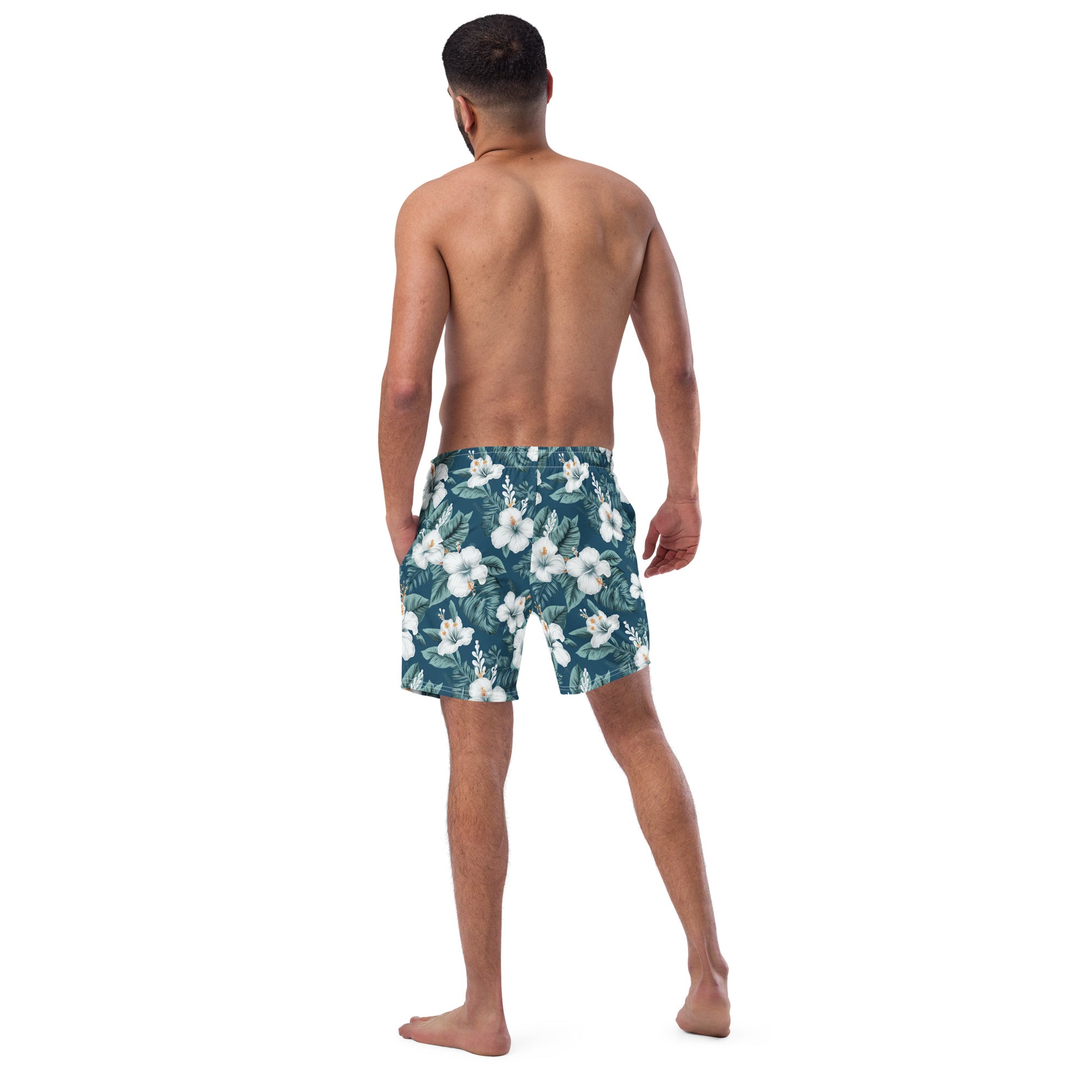 Blue & White Hibiscus Men's swim trunks - Sunshine on the Seas