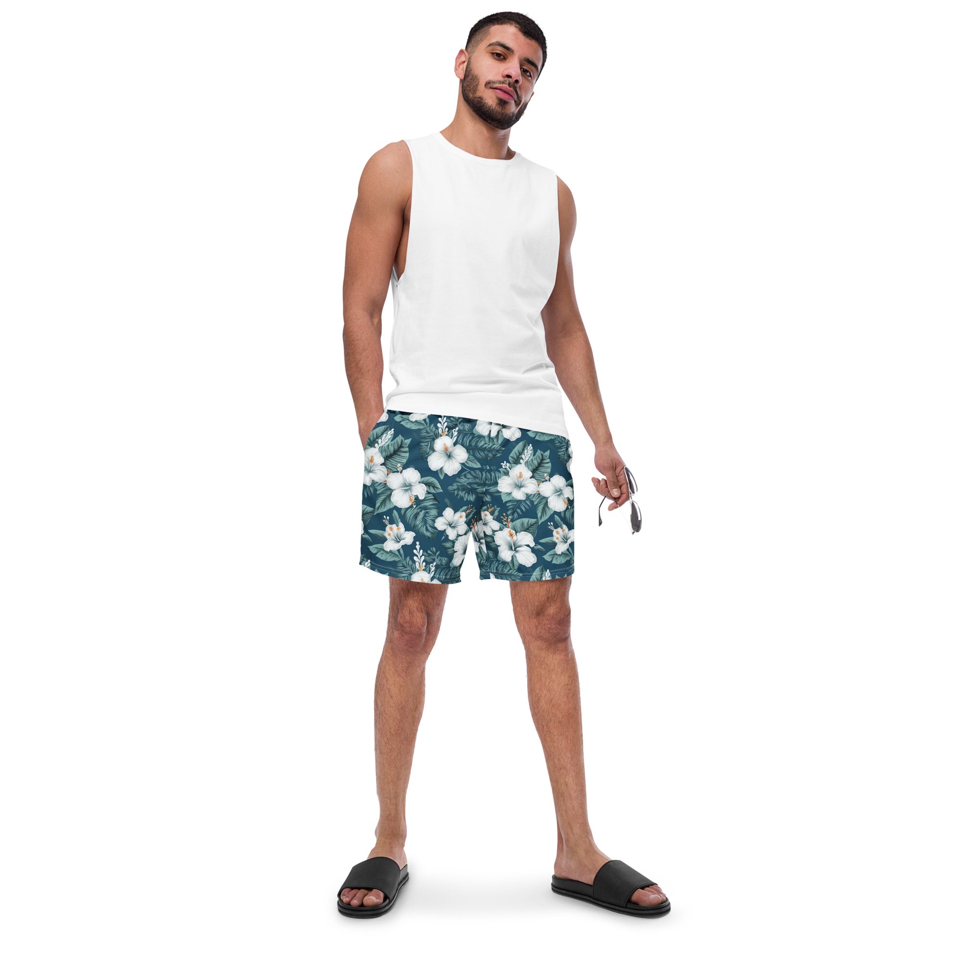 Blue & White Hibiscus Men's swim trunks - Sunshine on the Seas