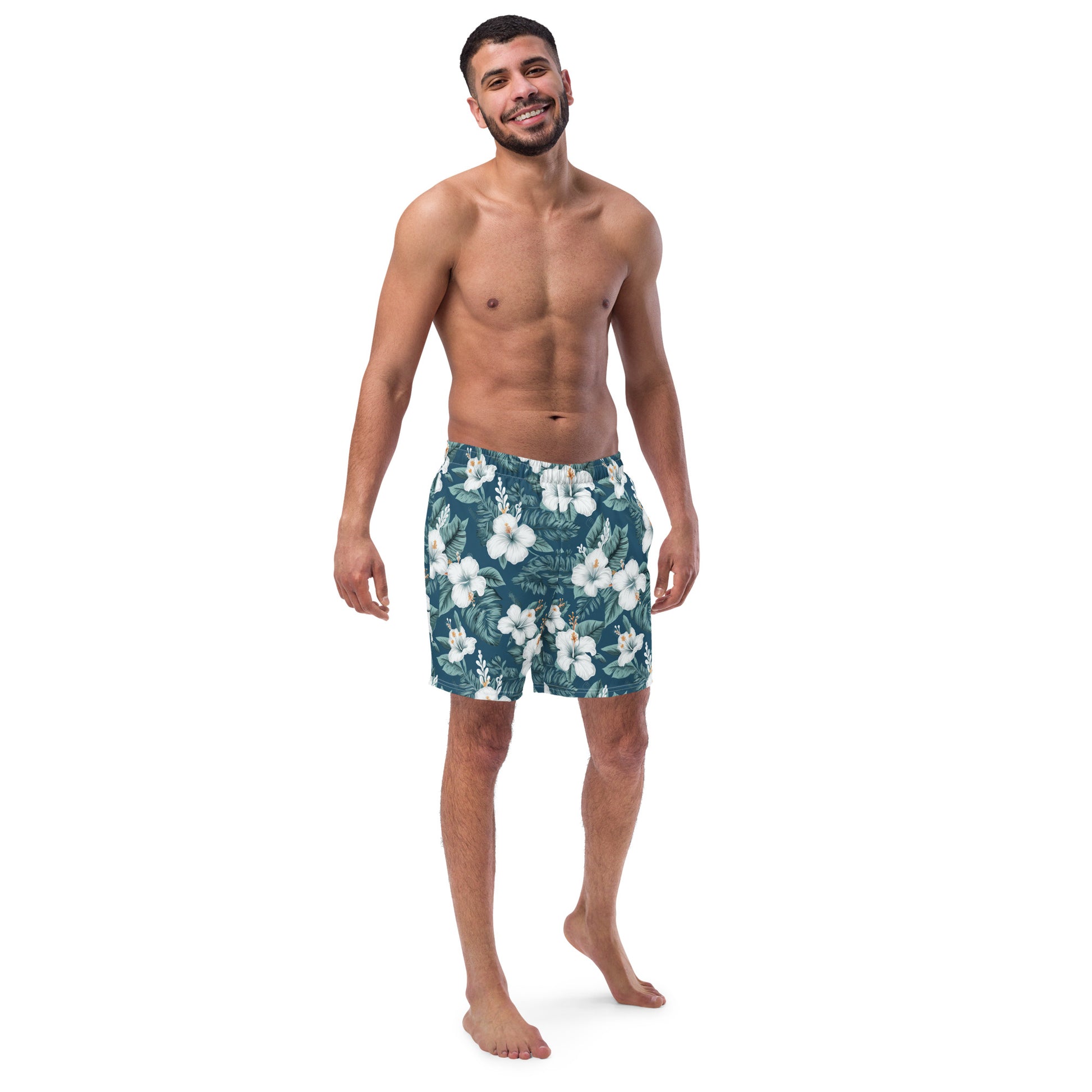 Blue & White Hibiscus Men's swim trunks - Sunshine on the Seas