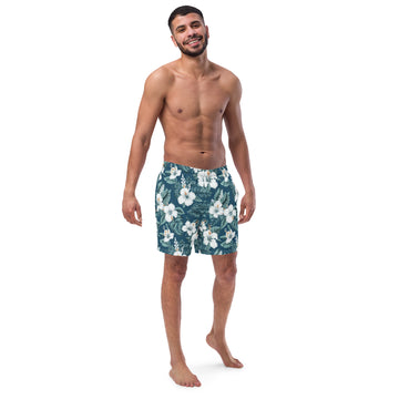 Blue & White Hibiscus Men's swim trunks - Sunshine on the Seas