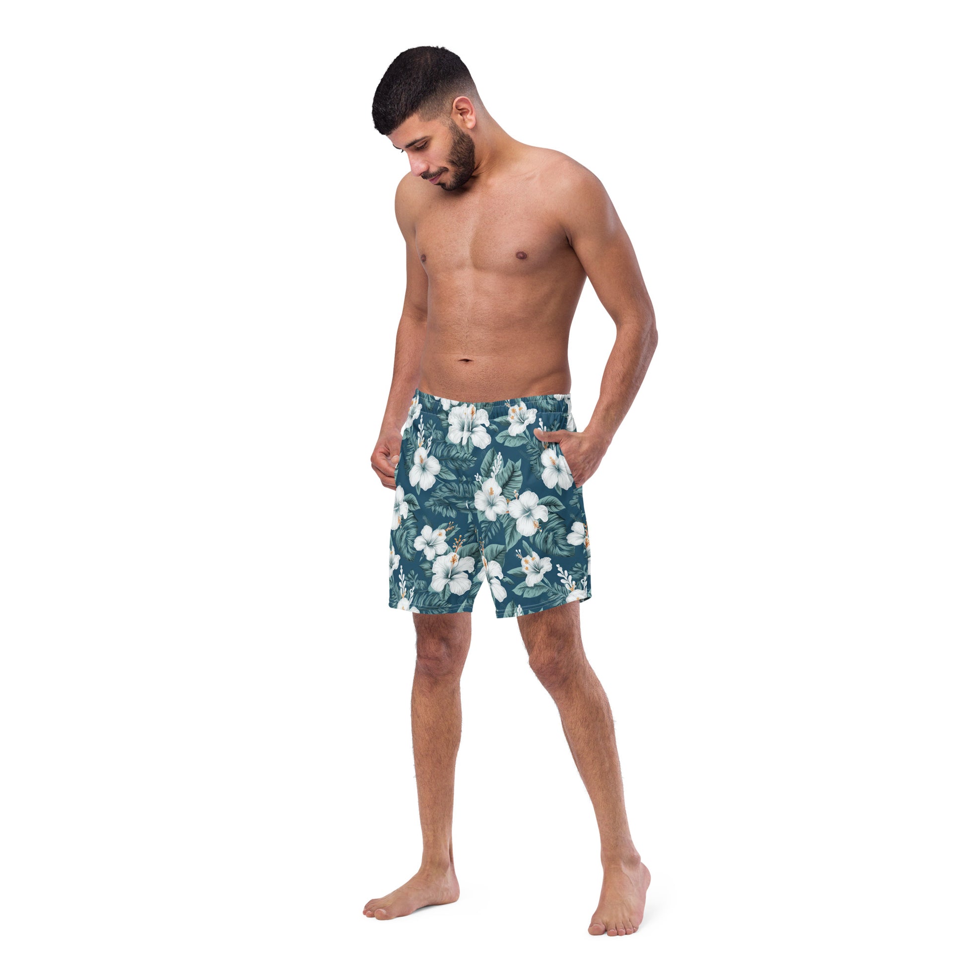 Blue & White Hibiscus Men's swim trunks - Sunshine on the Seas