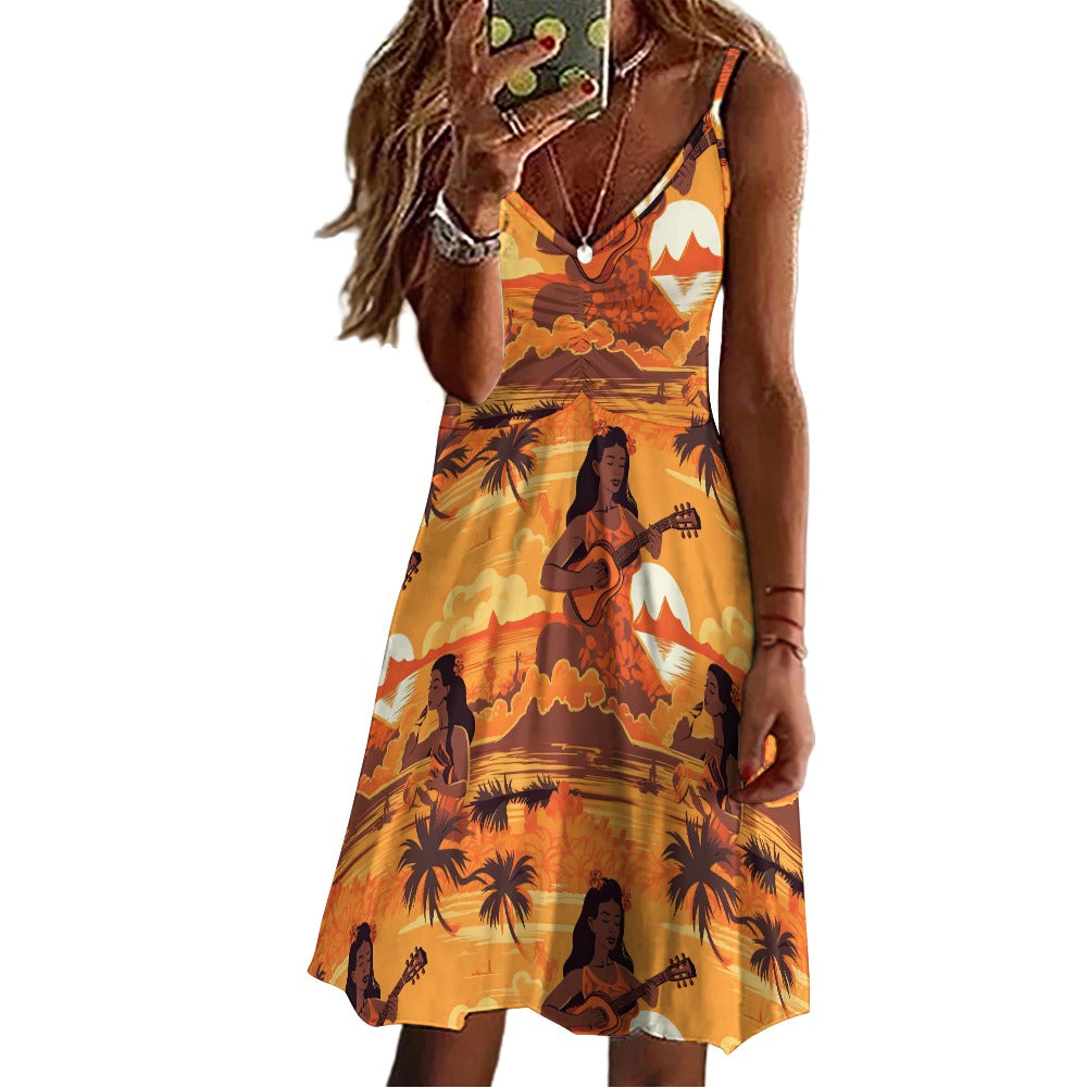 Hawaiian Hula Girl Playing Guitar Long Suspender Dress - Sunshine on the Seas