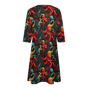 Octopus V-Neck Midi 3/4 Sleeve Dress w/ Pockets