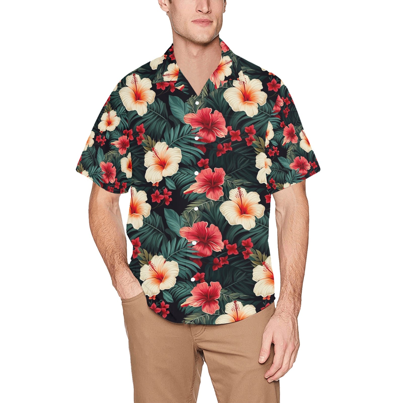 Red And White Hibiscus Flowers Hawaiian Print Men's Golf Shirts