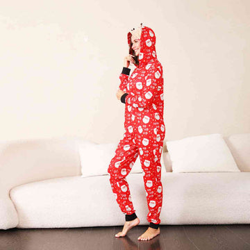 Women Santa Print Hooded Jumpsuit