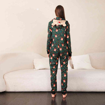 Animal Holiday Lights Printed Hooded Long Sleeve Jumpsuit - Women