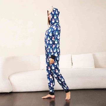 Women Snowman Print Hooded Jumpsuit