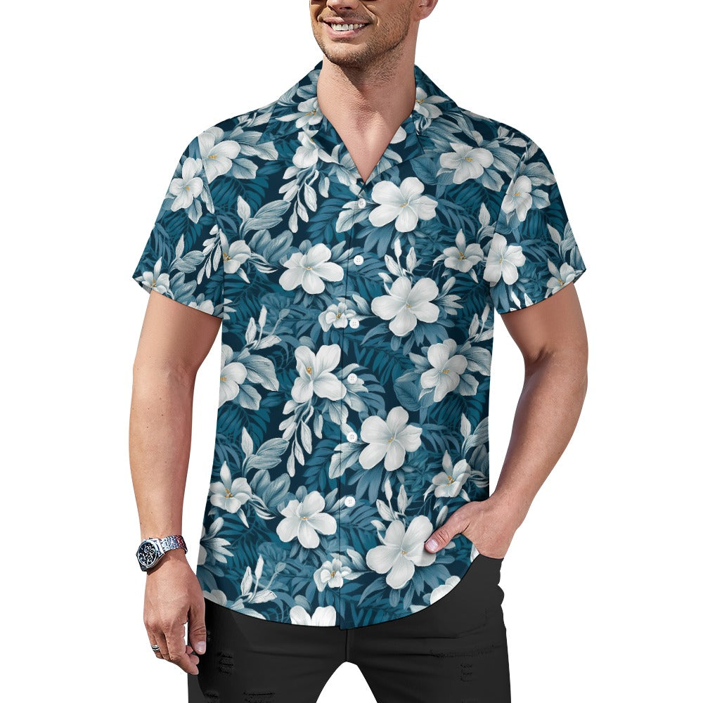 Blue/Green & White Hibiscus Hawaiian Shirt for Men