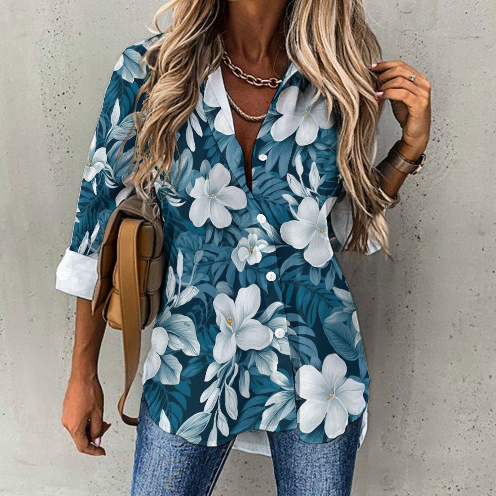 Blue/Green  & White Hibiscus Women's Hawaiian Shirt