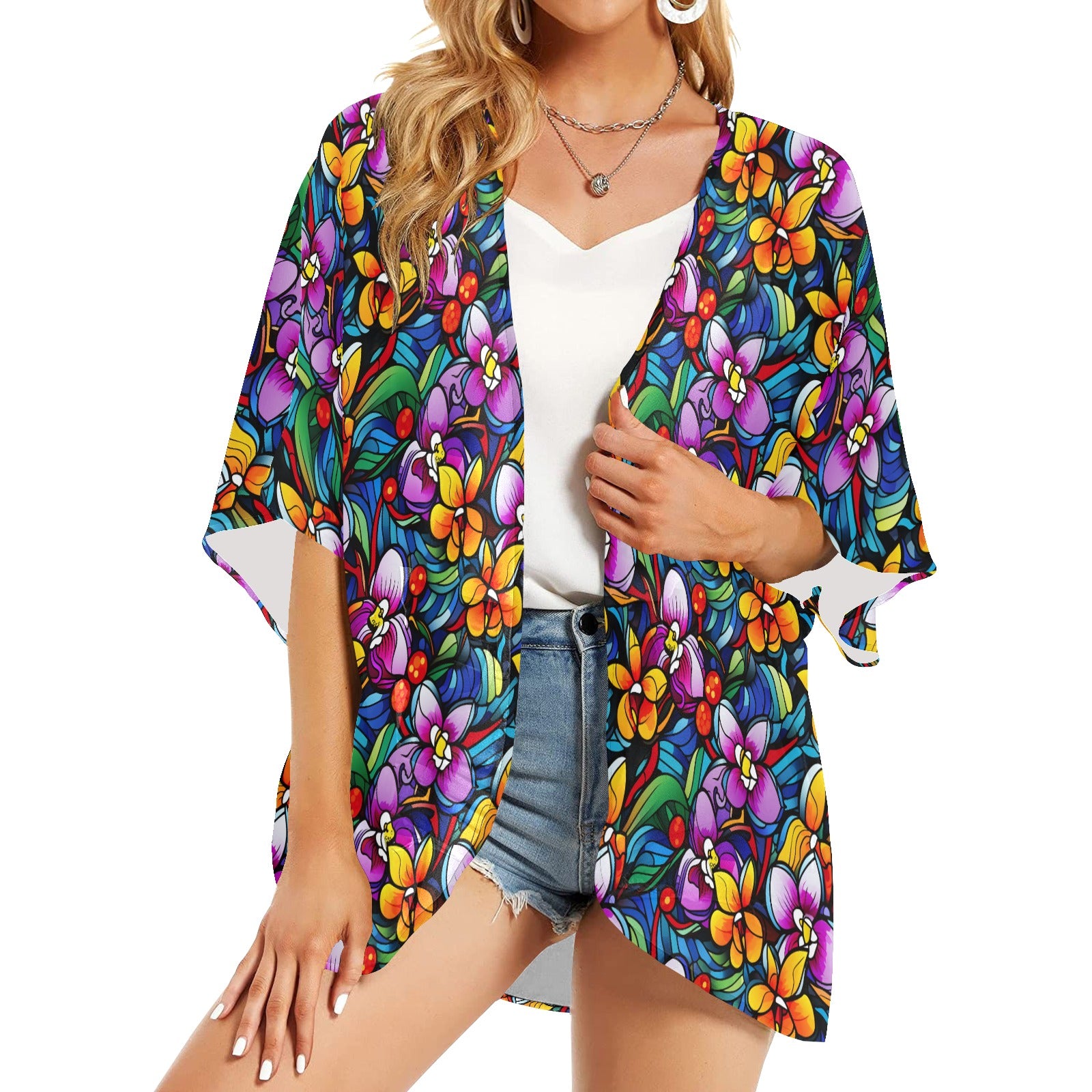 Orchids Women's Kimono Chiffon Cover Up