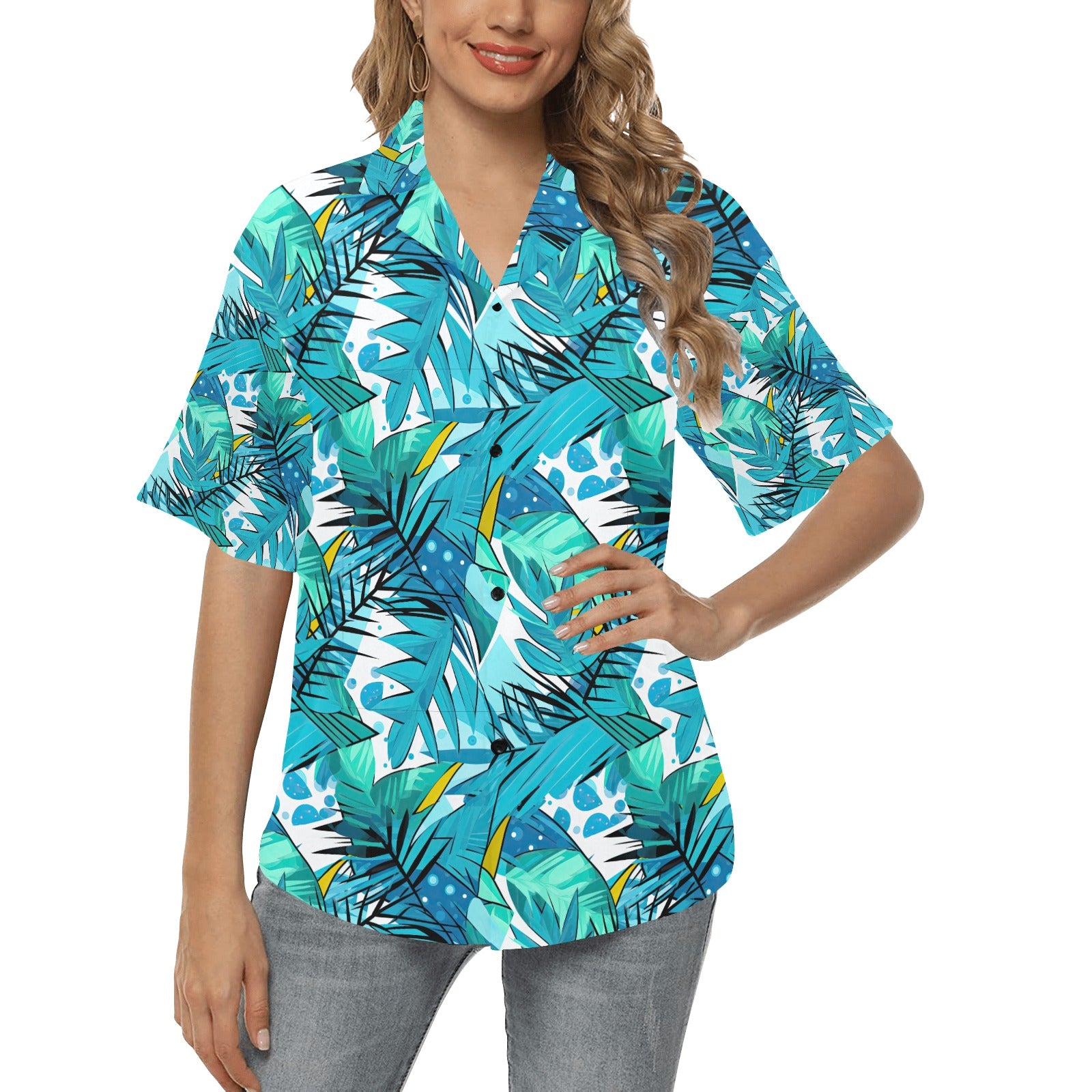 Teal Tropical Leaves Hawaiian Shirt for Women