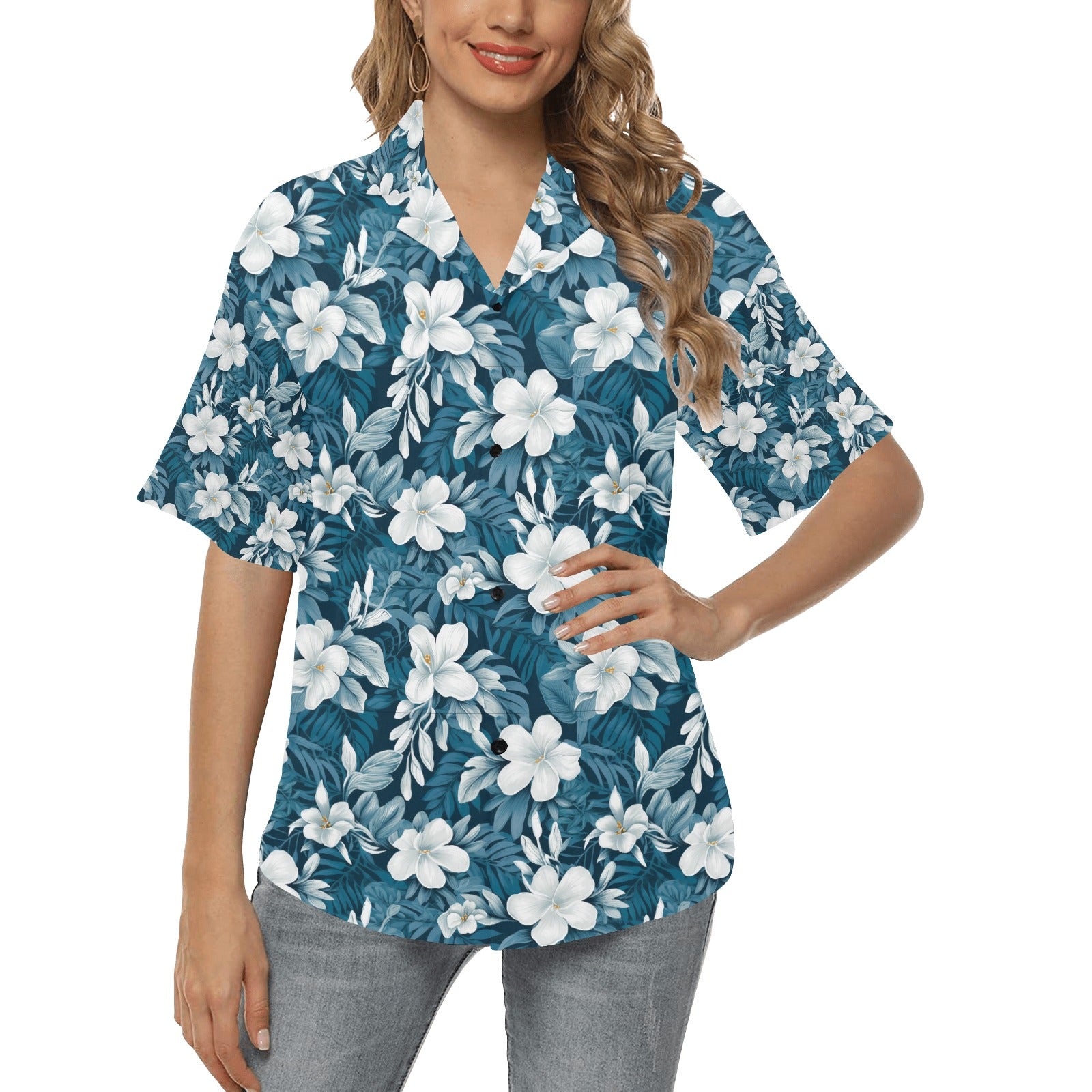 Blue & White Hibiscus Hawaiian Shirt for Women - Sunshine on the Seas