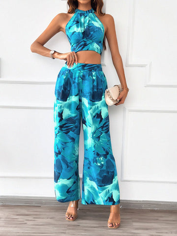 Printed Halter Neck Top and Pants Set