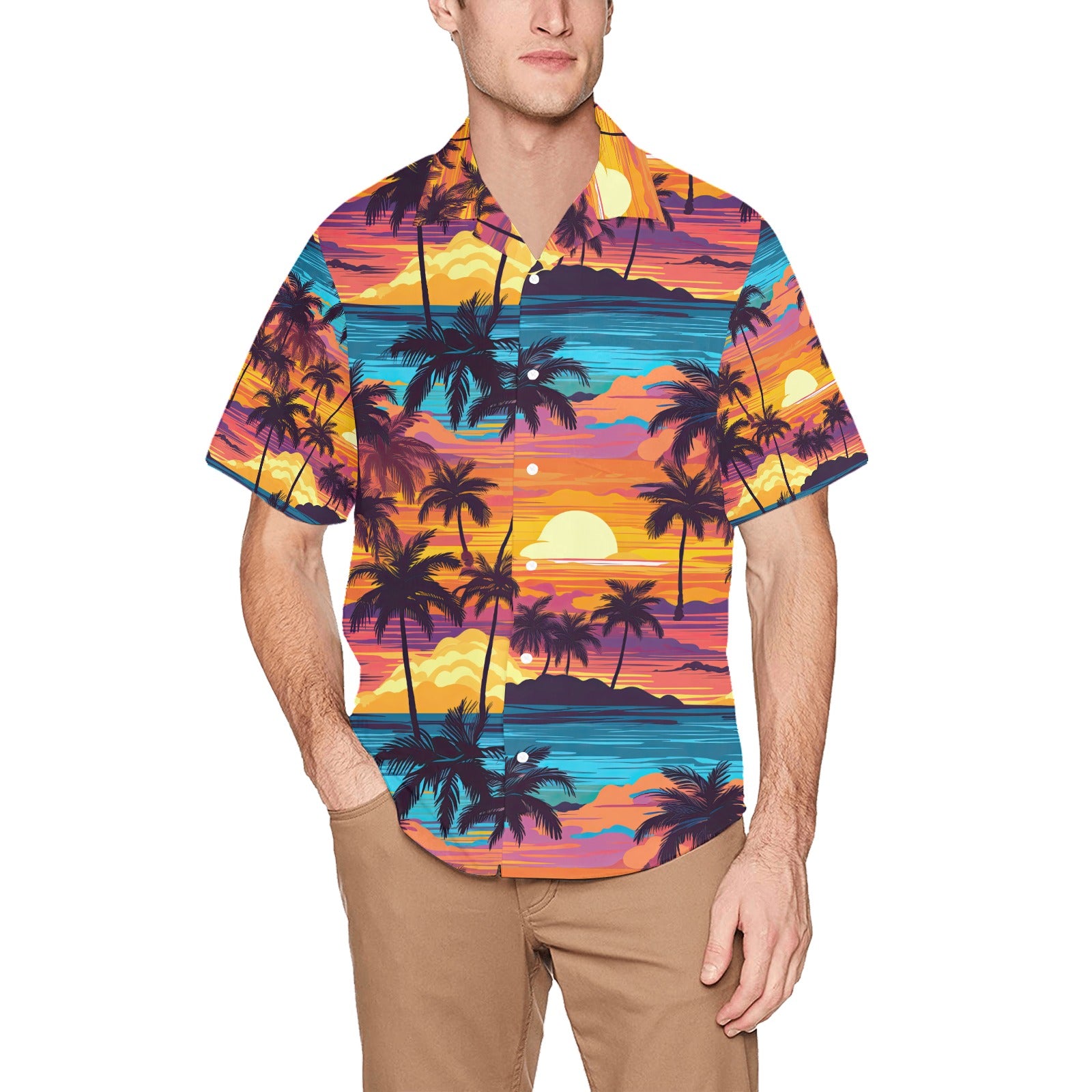 Colorful Sunset Men's Hawaiian Shirt With Chest Pocket - Sunshine on the Seas