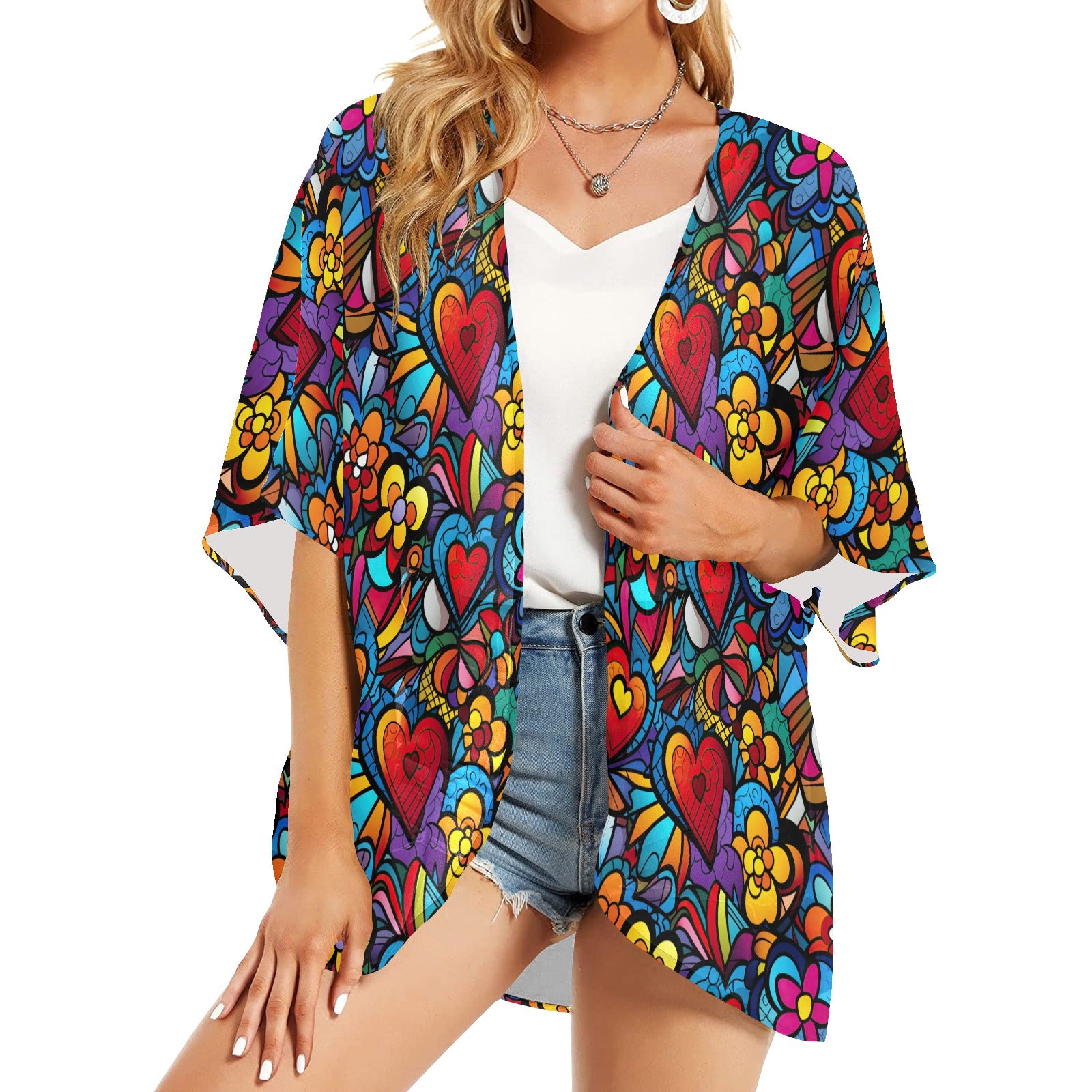 Hearts & Flowers Women's Kimono Chiffon Cover Up - Sunshine on the Seas