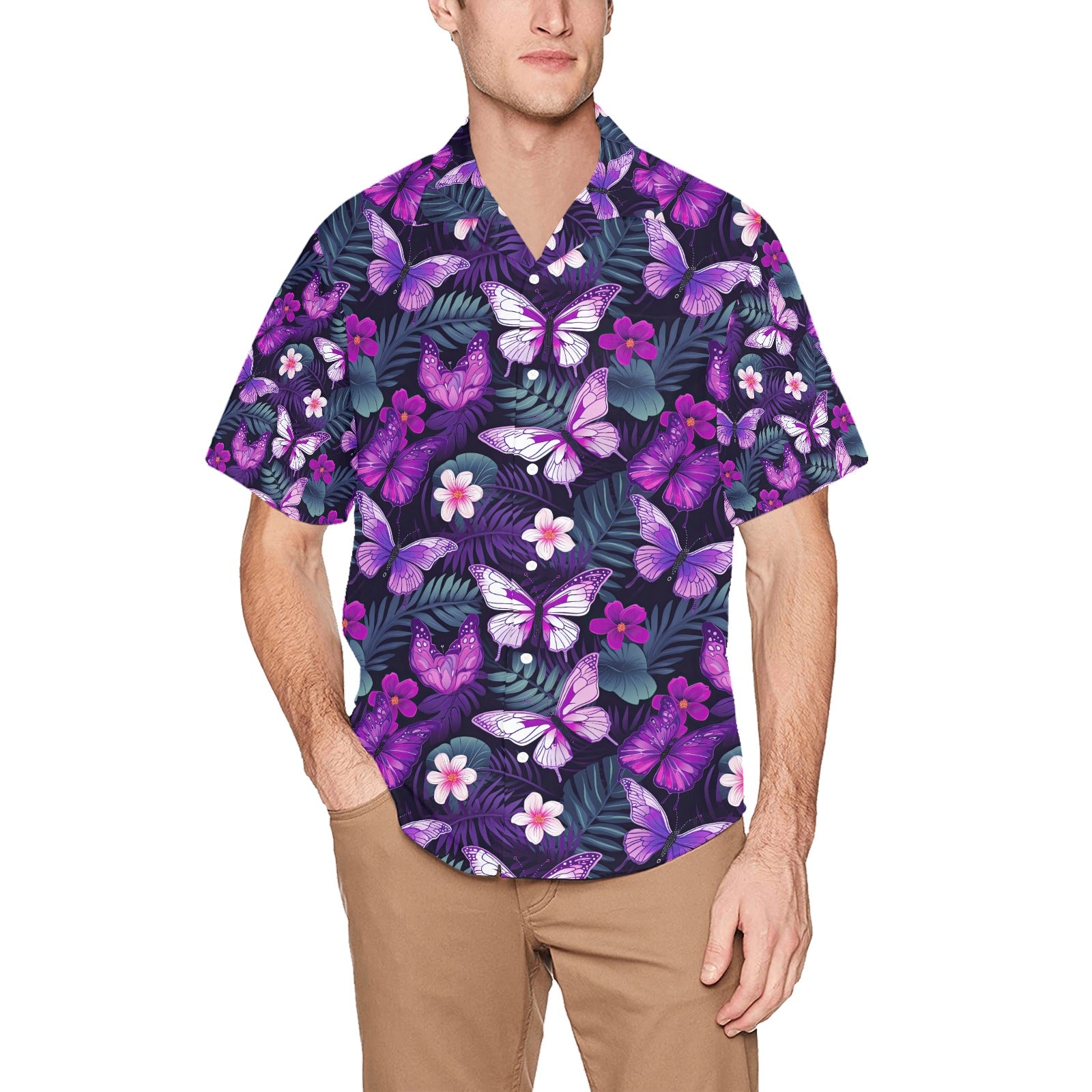 Butterfly Flower Men's Hawaiian Shirt With Chest Pocket - Sunshine on the Seas