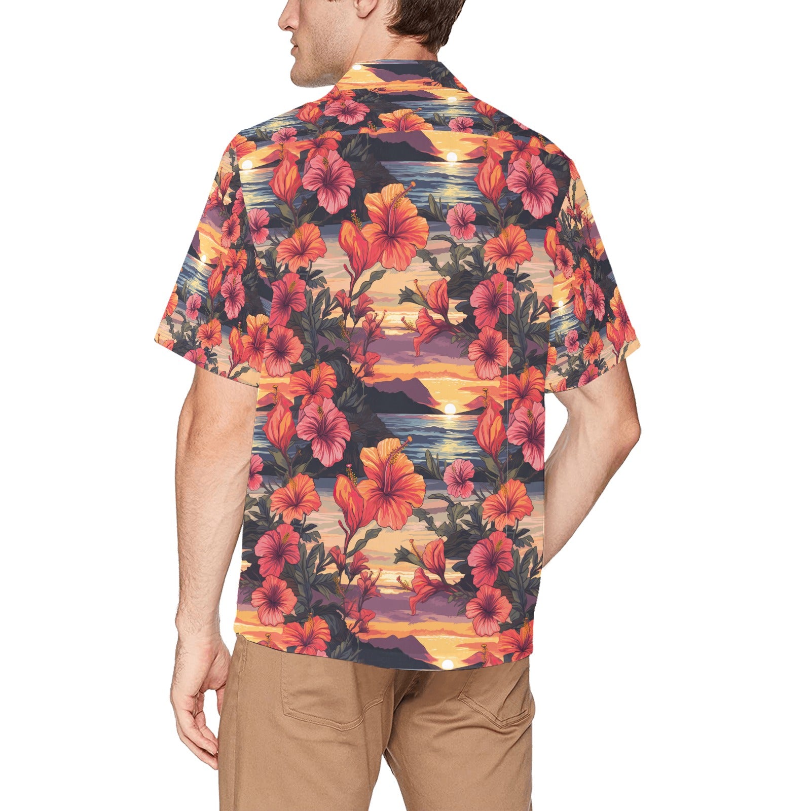 Sunset Hibiscus Men's Hawaiian Shirt With Chest Pocket - Sunshine on the Seas
