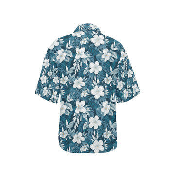 Blue/Green & White Hibiscus Hawaiian Shirt for Women