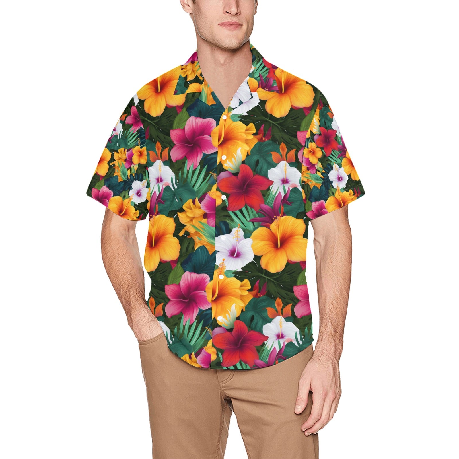 Colorful Hibiscus Men's Hawaiian Shirt With Chest Pocket - Sunshine on the Seas