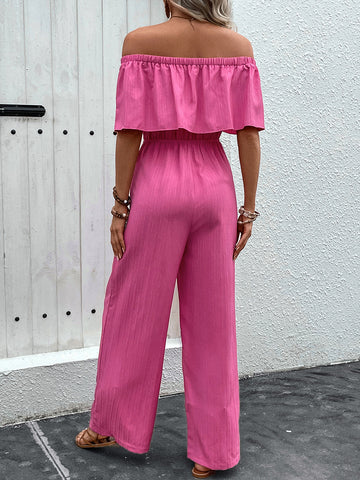 Hot Pink Off-Shoulder Wide Leg Jumpsuit