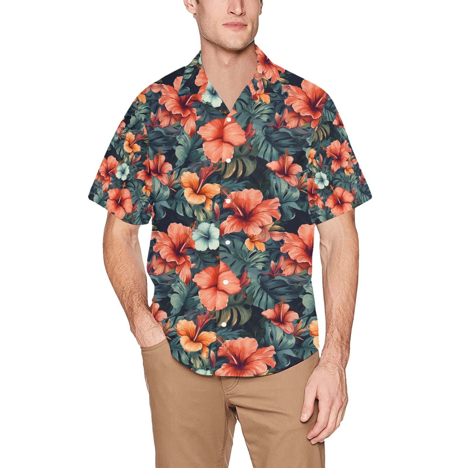 Red Hibiscus Men's Hawaiian Shirt With Chest Pocket - Sunshine on the Seas