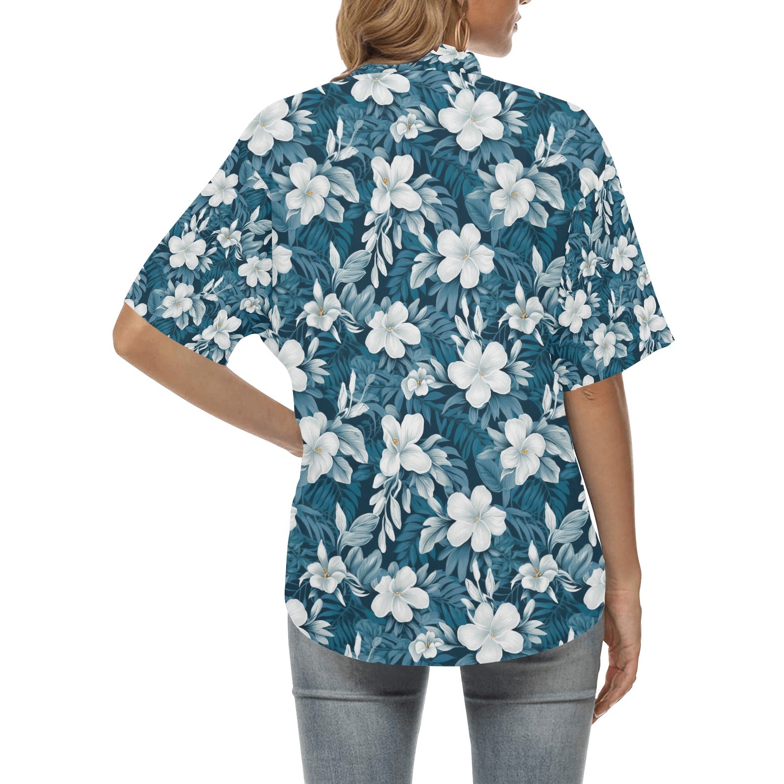 Blue & White Hibiscus Hawaiian Shirt for Women - Sunshine on the Seas