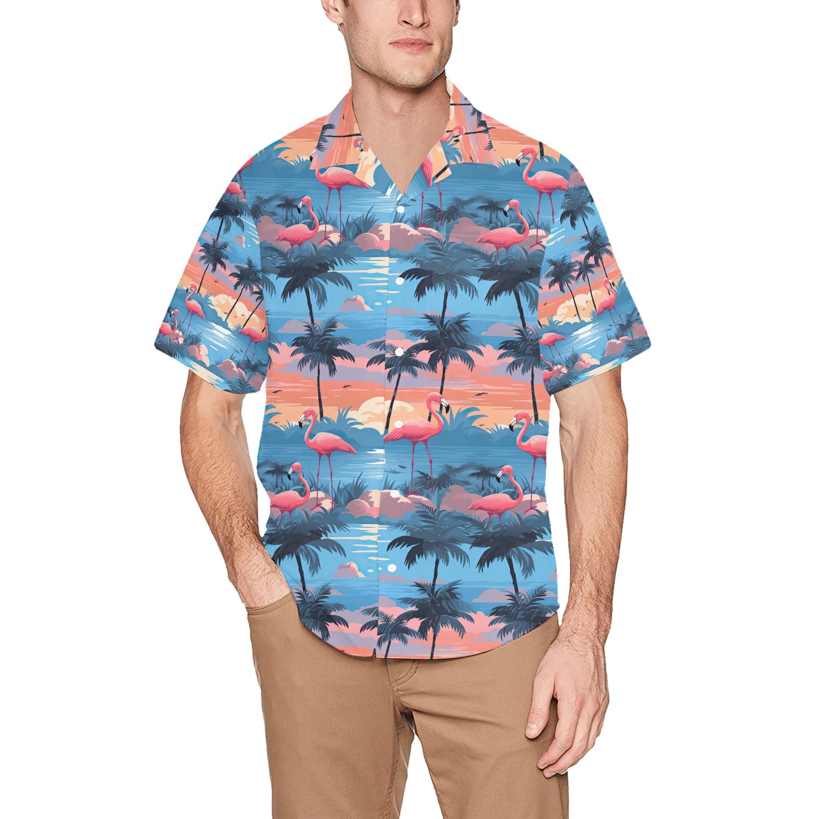 Blue Flamingo Men's Hawaiian Shirt With Chest Pocket - Sunshine on the Seas