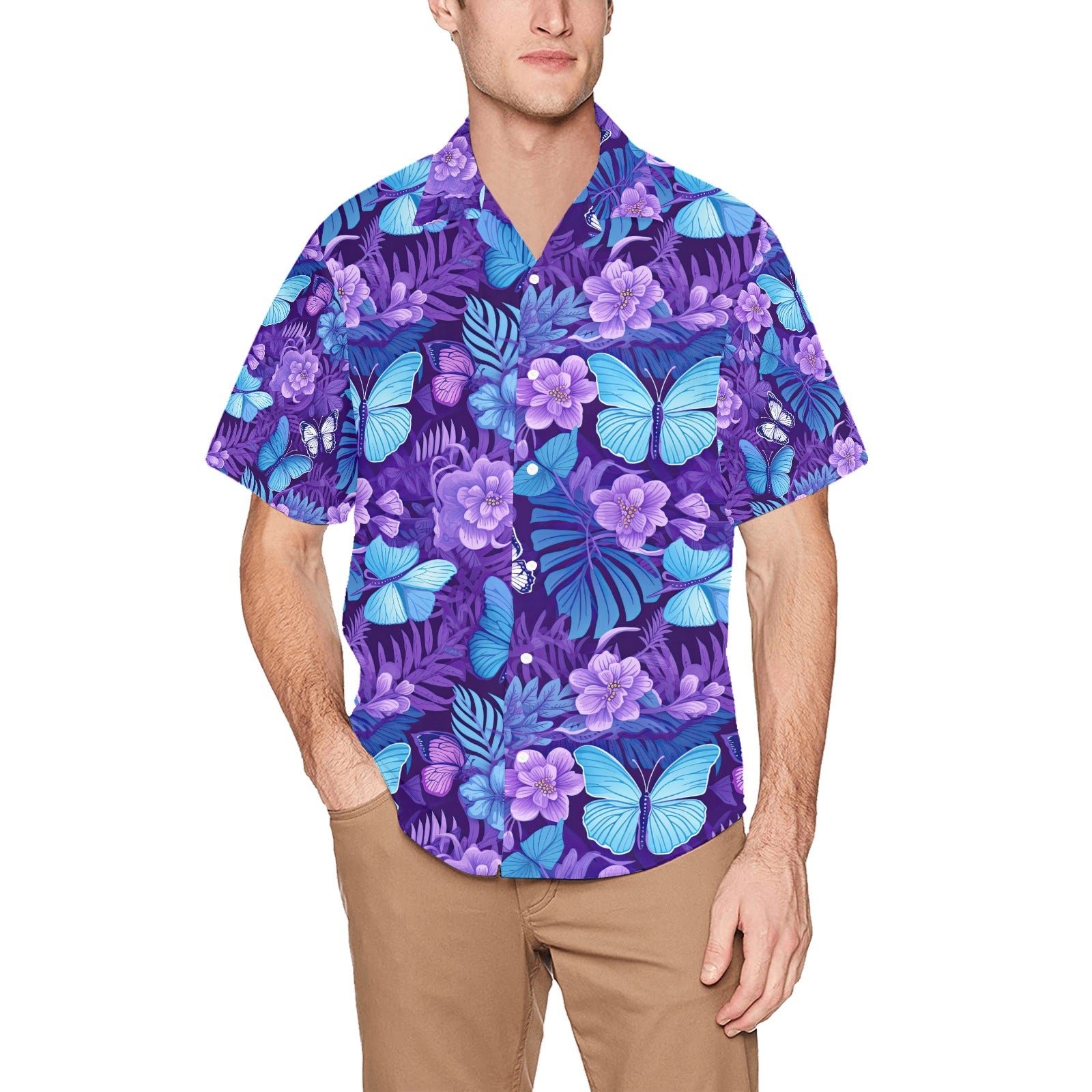 Blue Butterfly Men's Hawaiian Shirt With Chest Pocket - Sunshine on the Seas