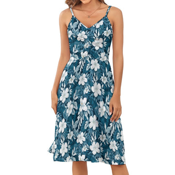 Blue/Green & White Hibiscus Long Suspender Dress