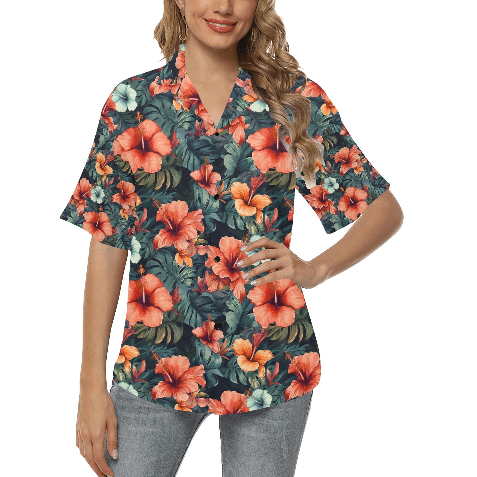 Red Hibiscus Hawaiian Shirt for Women - Sunshine on the Seas