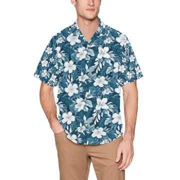 Blue & White Hibiscus Men's Hawaiian Shirt With Chest Pocket - Sunshine on the Seas