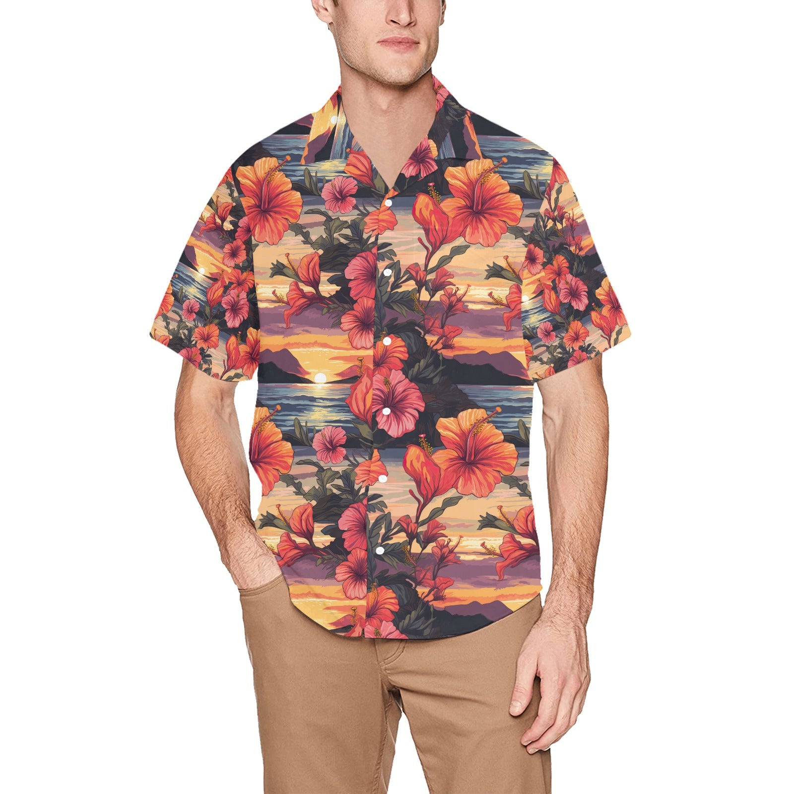 Sunset Hibiscus Men's Hawaiian Shirt With Chest Pocket - Sunshine on the Seas