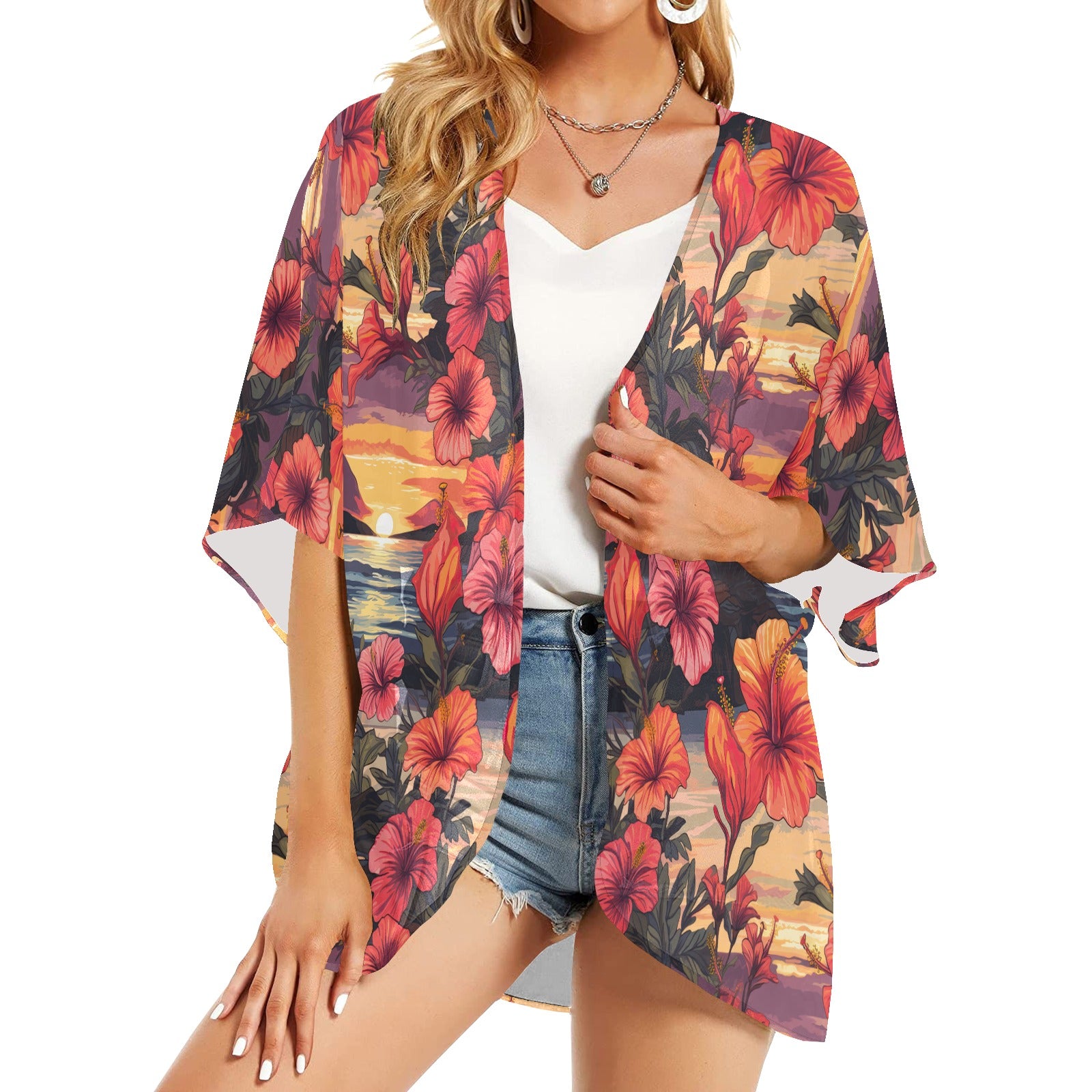 Hibiscus Sunset Women's Kimono Chiffon Cover Up - Sunshine on the Seas