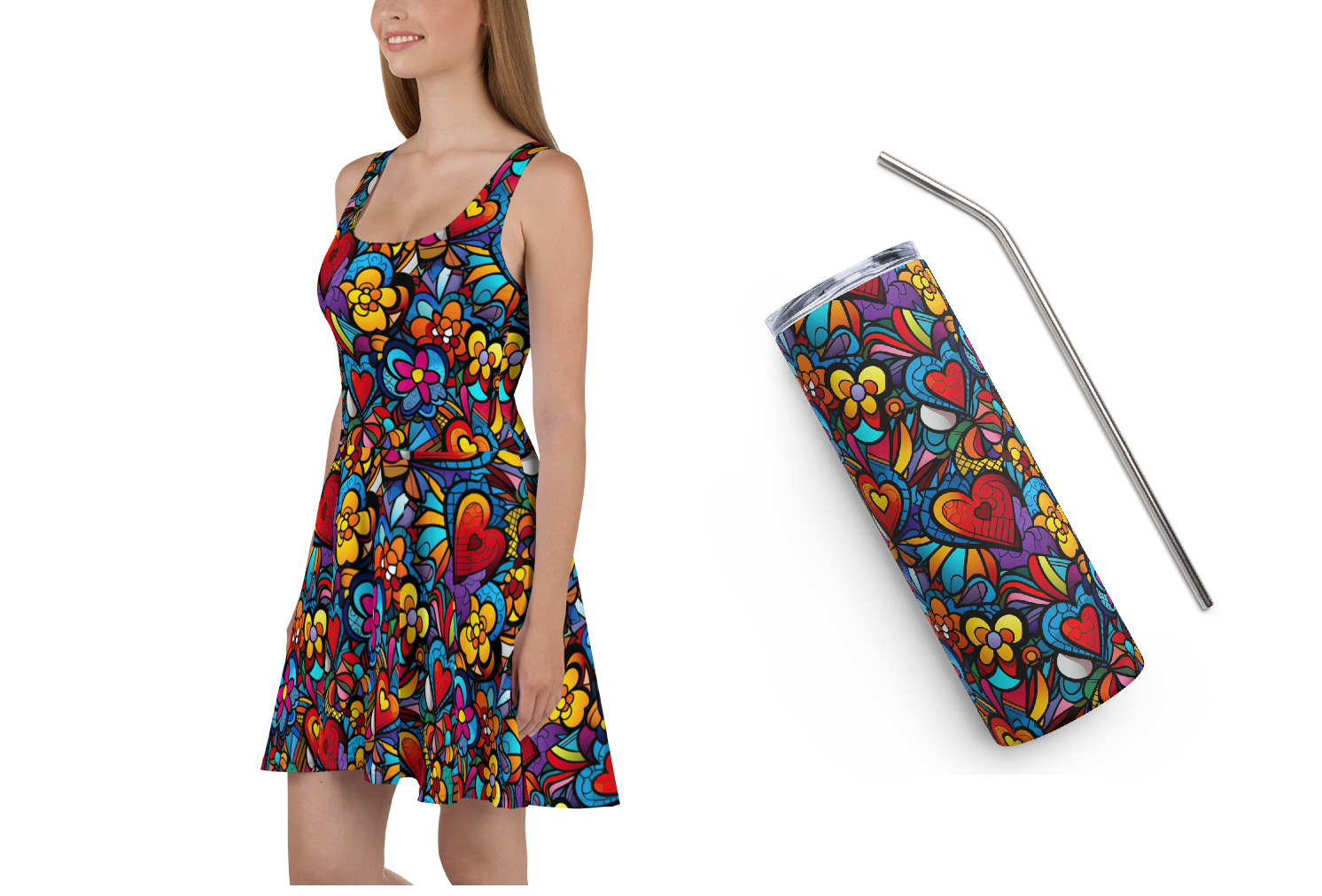 Hearts & Flowers Skater Dress + Tumbler Bundle