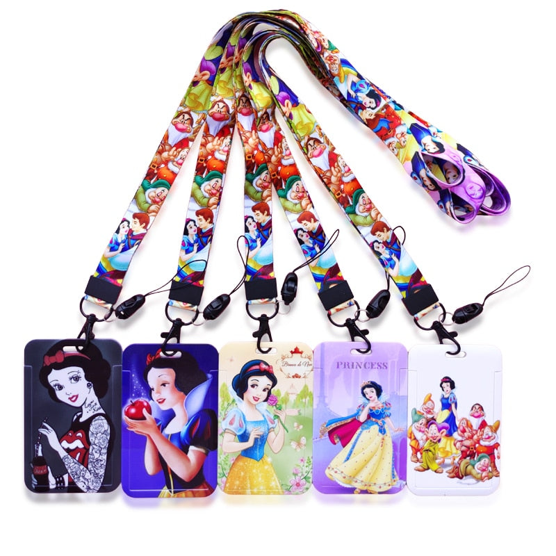 Disney Princess Snow White Card Holders Lanyards Cartoon Women Card Case ID Badge Holder Girl Credit Cardholder Retractable Clip