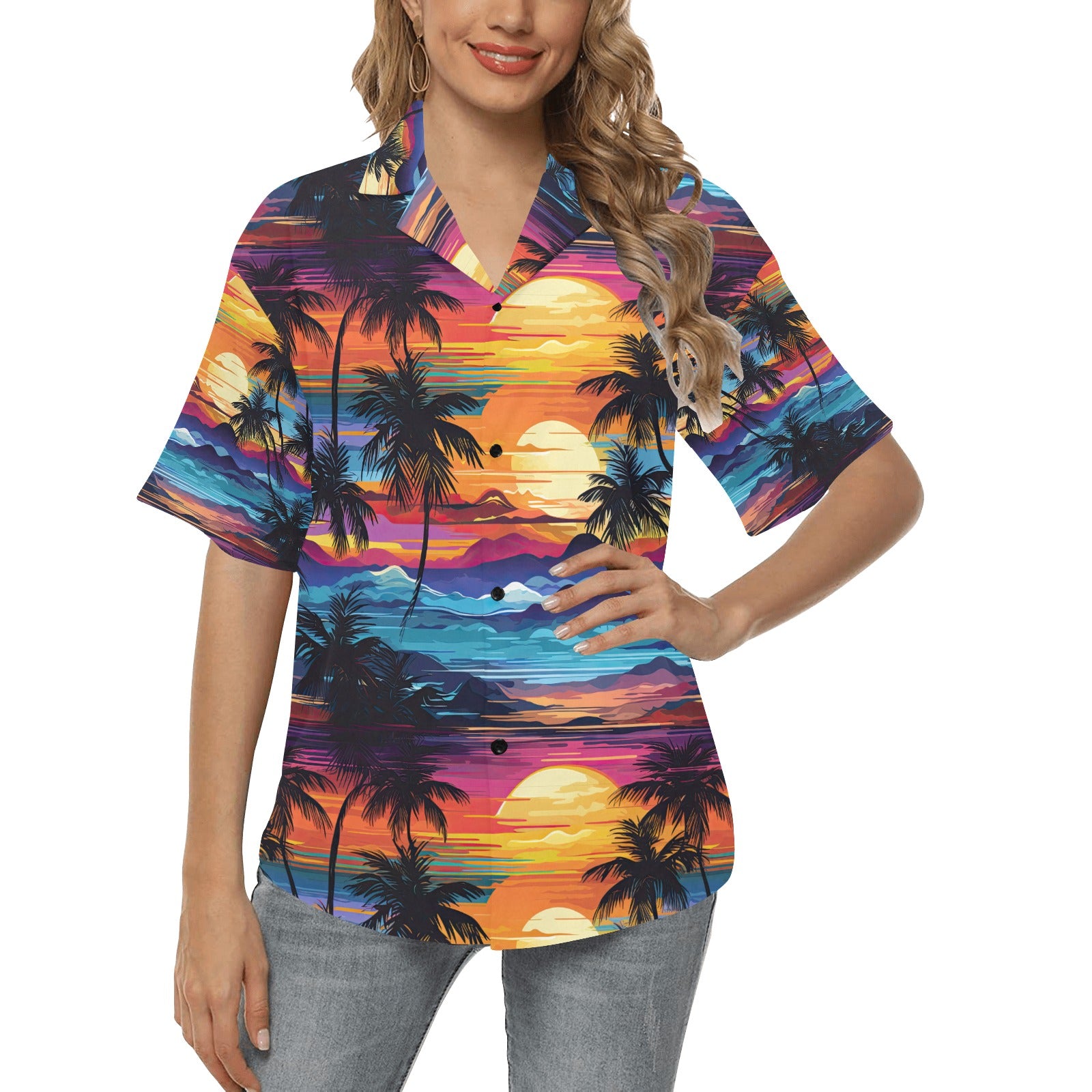 Colorful Sunset Hawaiian Shirt for Women - Sunshine on the Seas