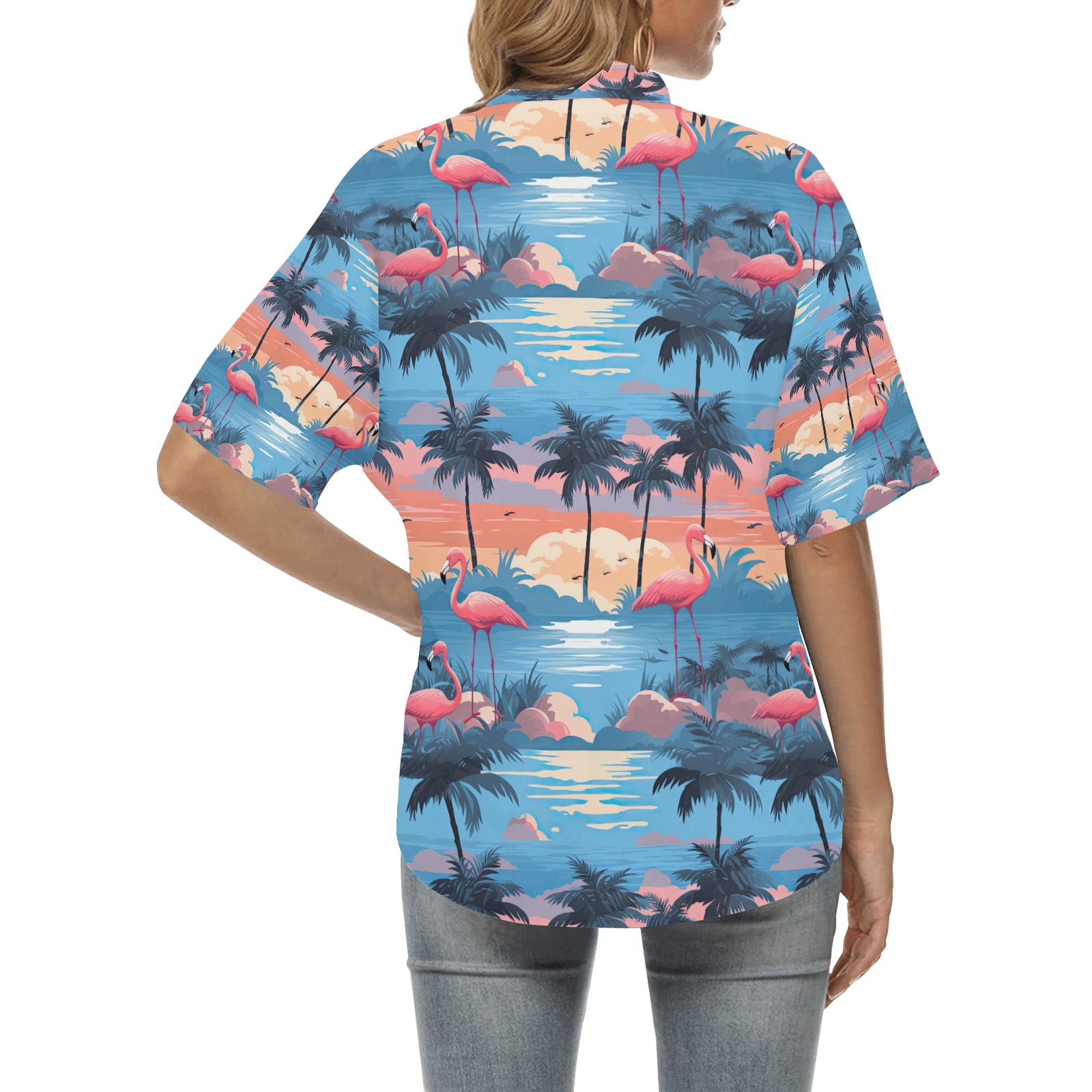 Blue Flamingo Hawaiian Shirt for Women - Sunshine on the Seas